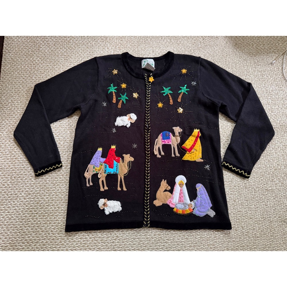 Vintage Quacker Factory Nativity Scene Christmas Cardigan Black Embroidered